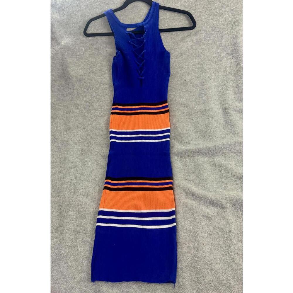 blue orange ribbed bodycon dress lace up‎ front striped midi y2k club